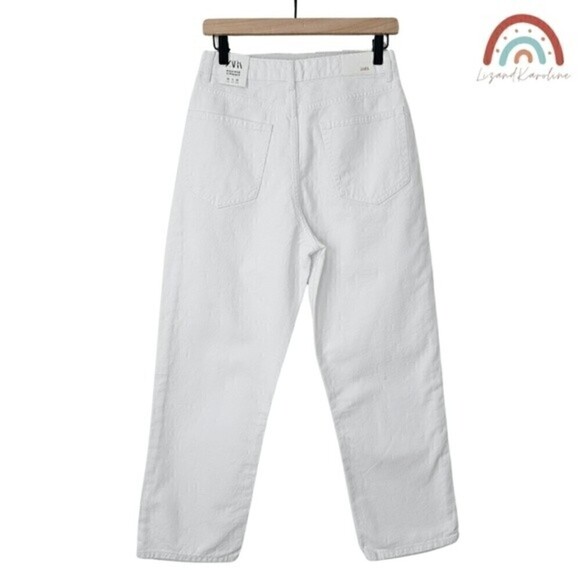 New! Zara High Rise Straight Leg Distressed Button Fly Rigid White Jeans - Picture 4 of 14